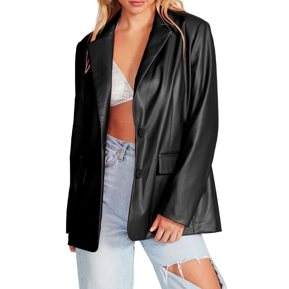 Steve Madden XS Women Butter Vegan Faux Leather Oversize Boyfriend Blazer Jacket
